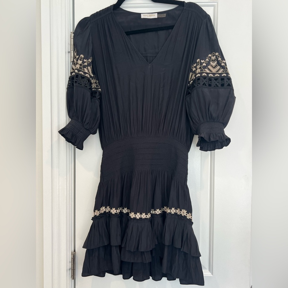 Ramy Brook Black Mini Dress with Embroidered Accents